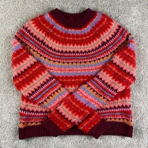American Eagle Fair Isle Knit Sweater Red Multi Color Mock Neck XS‎ Soft Cozy